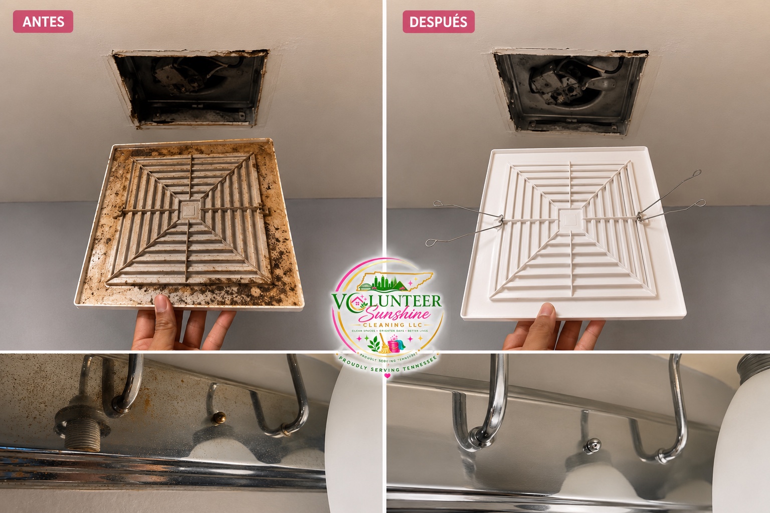 Vent and metal fixture before and after detailed cleaning